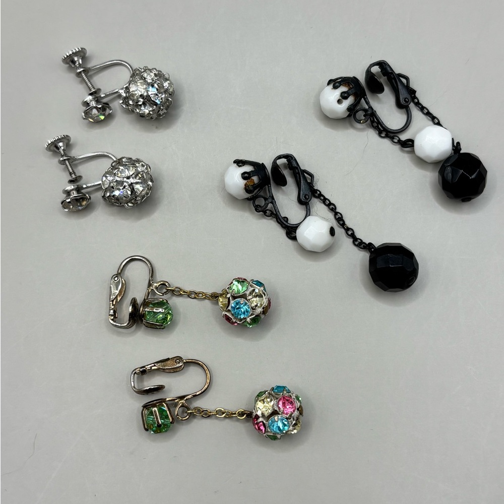 3 Pair Vintage Chandelier Drop Dangle Clip Earrings Weiss & Unmarked